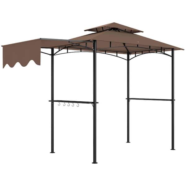 8 ft. x 5 ft. Brown Grill Gazebo, Double Tiered Outdoor BBQ Gazebo with Side Awning, 2 Side Shelves and 6 Hooks