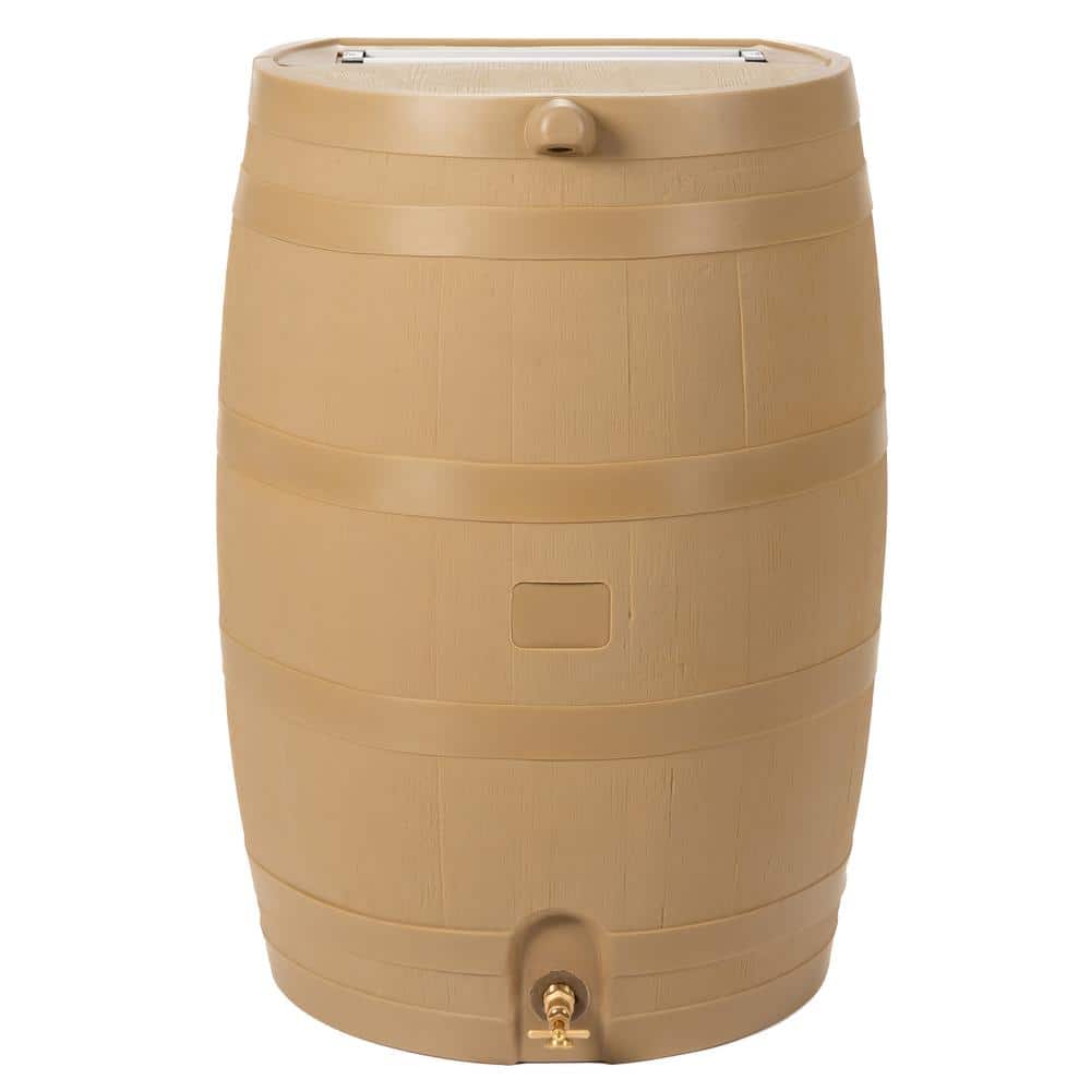 Tan Oak Polyethylene Rain Barrel with Brass Spigot, 50 Gallon