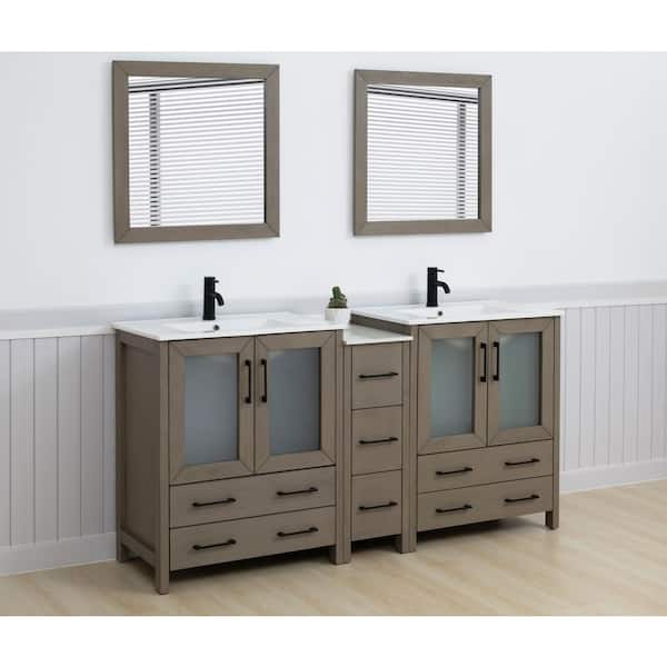 72 in. W x 18 in. D x 36 in. H Driftwood Gray Bath Vanity with White Ceramic Top and Mirror