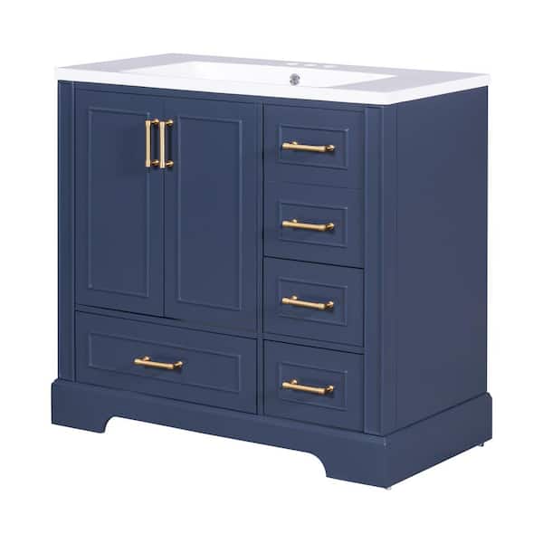 Cesicia 36 in. W x 18 in. D x 34 in. H Single Sink Bath Vanity in Blue with White Resin Top, 2-Doors and 4-Drawers