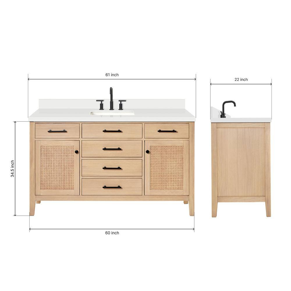 Camila 61" Light Brown White Oak Freestanding Bathroom Vanity with Quartz Top