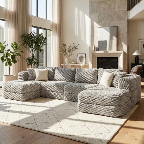 Darsen Modern 135.4 in. Polyester Fabric Upholstered U-shaped Sectional Sofa in. Grey with Ottomans and Pillows