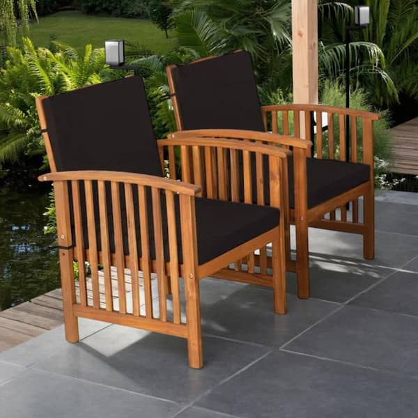 Kaila Natural Brown Wood Outdoor Lounge Armchair with Black Cushions (2-Pack)