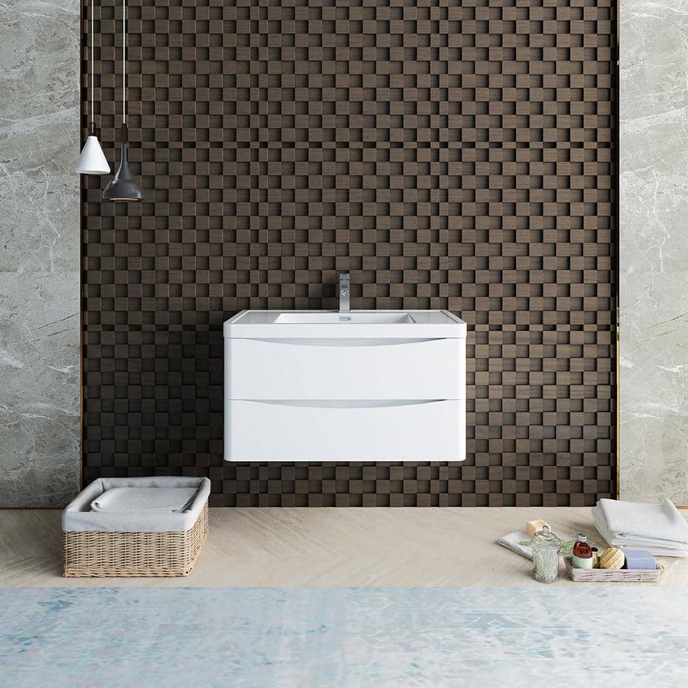 Glossy White 36" Wall Mount Bathroom Vanity with Integrated Sink