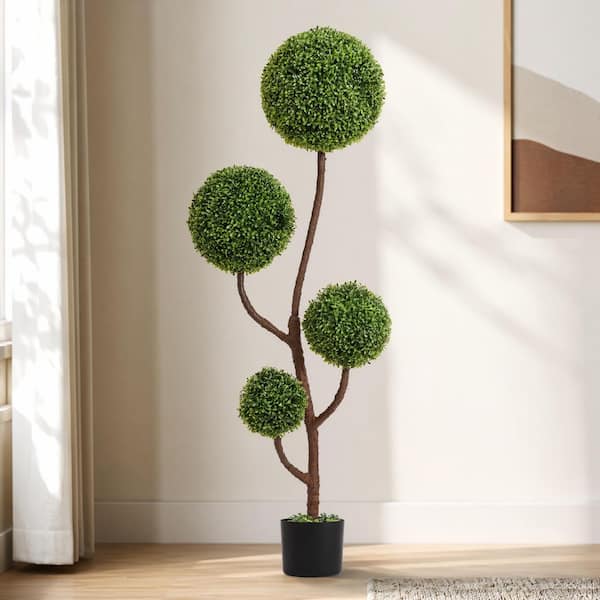 59 in. Artificial Topiary Tree, Ball-Shaped Faux Boxwood Plant Fake Evergreen Bushes Shrubs for Patio Office Home Decor