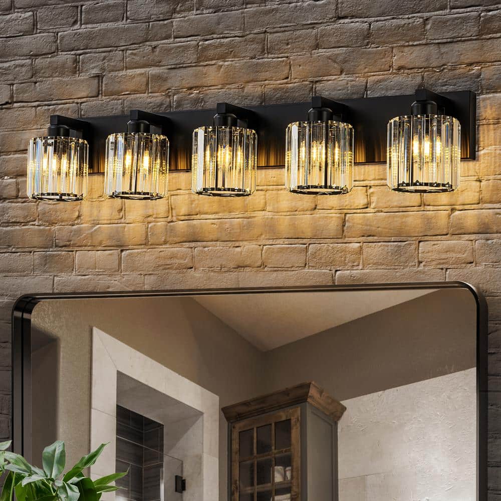 Orillia 35.4 in. 5-Light Black Bathroom Vanity Light with Crystal Round Shades price history on PriceWatchPro