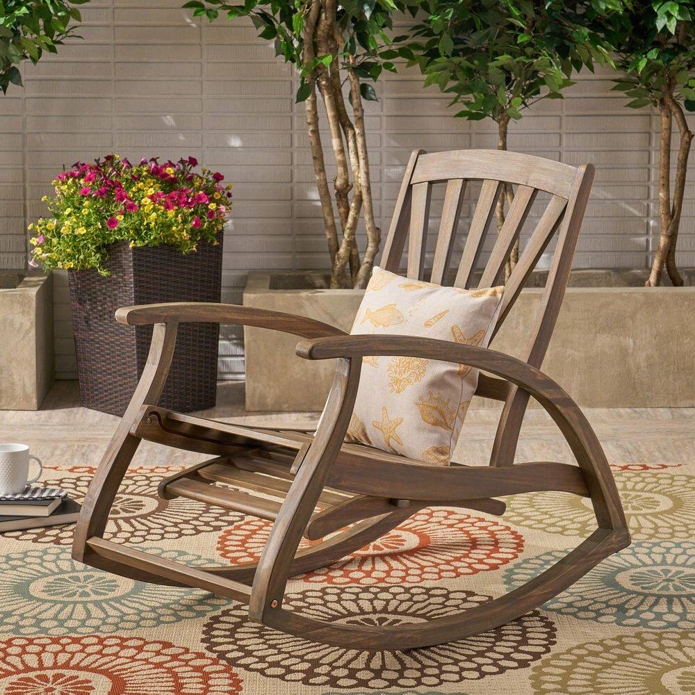 Gray Acacia Wood Outdoor Rocking Chair with Arms