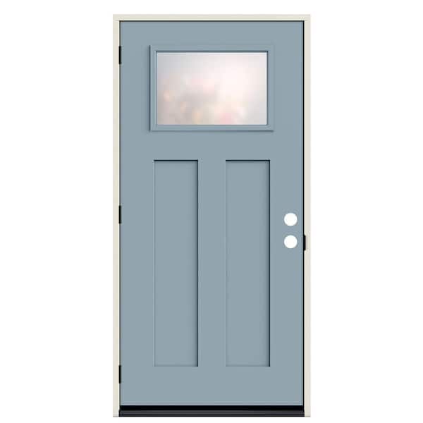 36 in. x 80 in. Right-Hand 1/4-Lite Craftsman Blanca Frosted Glass Light Blue Painted Fiberglass Prehung Front Door