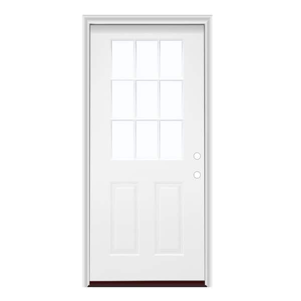 36 in. x 80 in. Left-Hand/Inswing 2 Panel 1/2 Lite 9 Lite Clear Glass Smooth Fiberglass Prehung Door w/PVC Frame