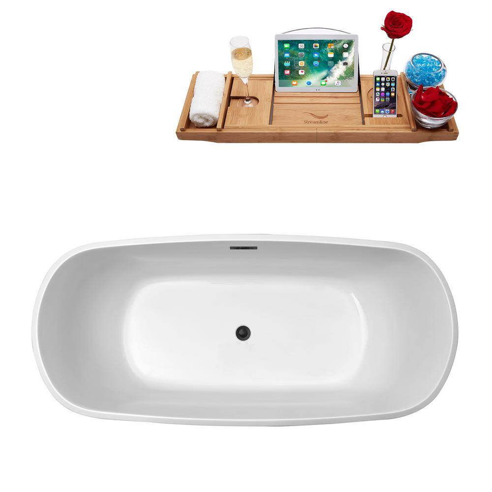 59" Glossy White Freestanding Acrylic Soaking Bathtub with Bamboo Tray