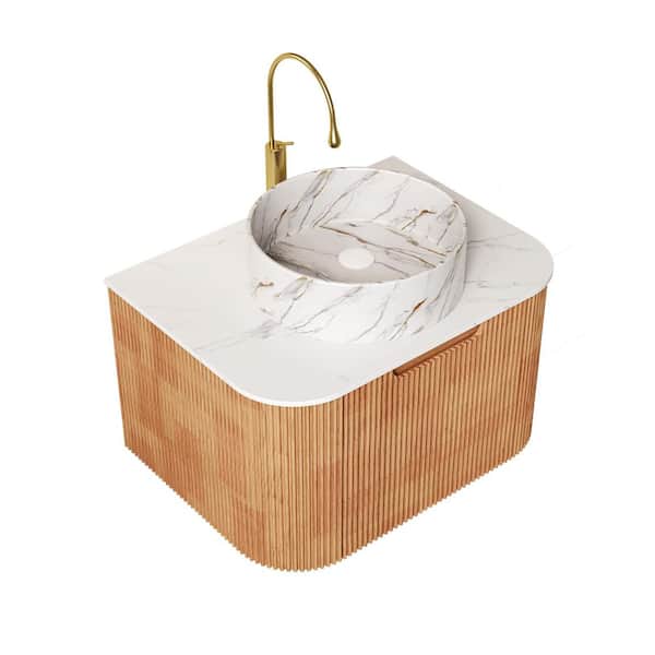 Loiry 30 in. Floating Natural Wood Bath Vanity with Ceramic Basin and White Artifical Marble Top Pre-assembled