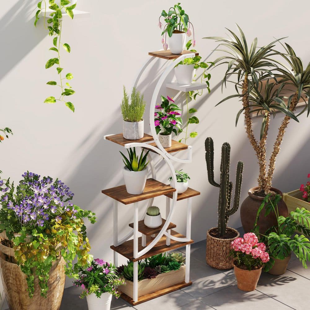 Carbonized Finish White Steel and Fir Wood 8-Tier S-Shaped Plant Stand