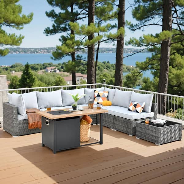 Toject Sanibel Gray 8-Piece Wicker Outdoor Patio Conversation Sofa Seating Set with a Storage Fire Pit and Light Gray Cushions