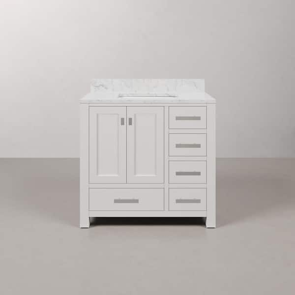 Madison 36 in. W x 21.5 in. D x 34 in. H Single Sink Bath Vanity in Pure White with Carrara White Marble Top