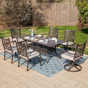 Brown 7-Piece Cast Aluminum Patio Outdoor Dining Set with Extendable Table and Dining Chairs with Beige Cushion