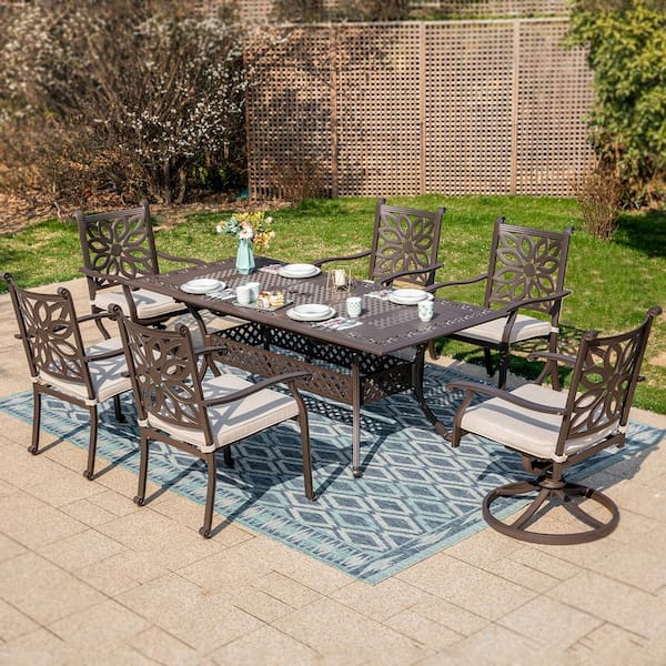 PHI VILLA Brown 7-Piece Cast Aluminum Patio Outdoor Dining Set with Extendable Table and Dining Chairs with Beige Cushion