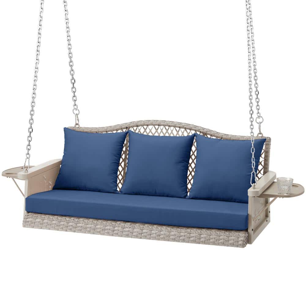 3-Seat White Wicker Hanging Patio Swing with Blue Cushions