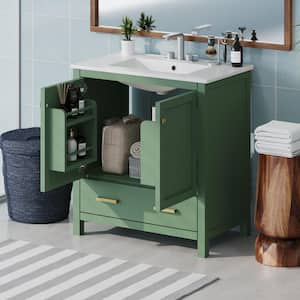 30 in. W Freestanding Bath Vanity in Green with White Ceramic Top and Sink, 2 Doors