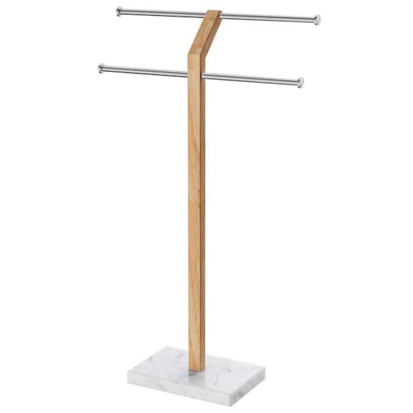 Width Adjustable 2-Tier Freestanding Towel Rack with Natural Marble Base in Brushed Stainless Steel