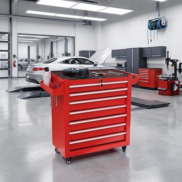 Red 31.26 in. H 7-Drawer Tool Storage Cabinet on Wheels for Garages, Warehouses, Repair Shops (Full Assembly Required)