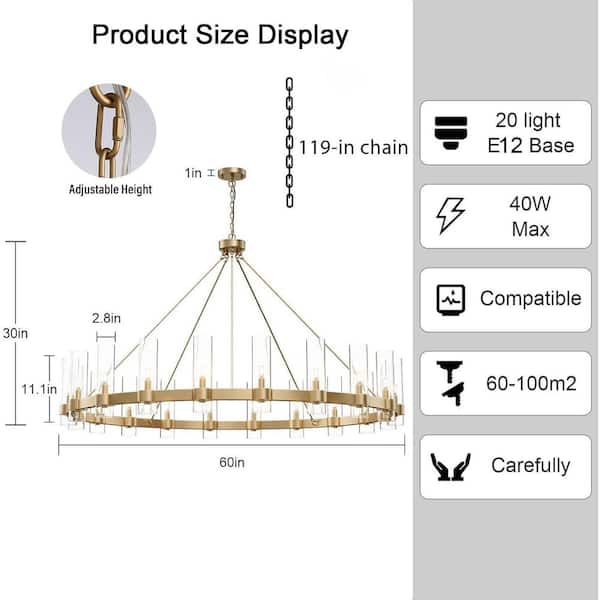 YUYI Modern Chandelier 60 in. 20-Light Gold Wagon Wheel Chandelier