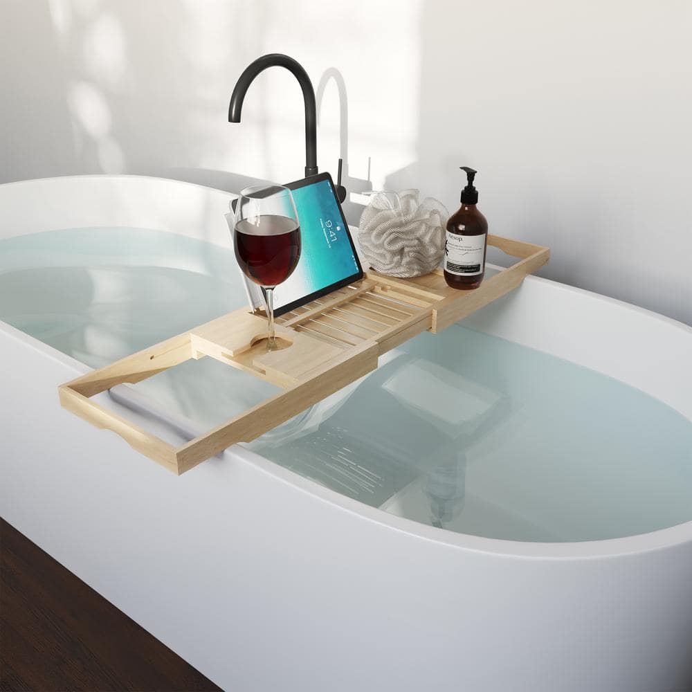 Bamboo Adjustable Freestanding Bathtub Tray with Cup Holder