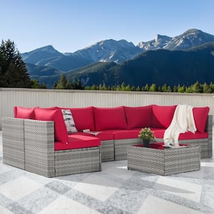 7-Piece Wicker Patio Conversation Sofa Set, Outdoor Sectional Seating with Tempered Glass, Red Cushion