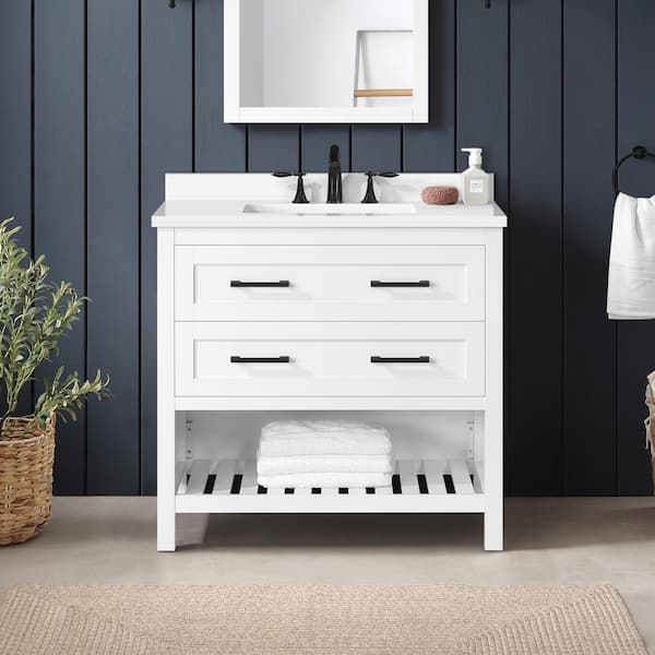 Home Decorators Collection Autumn 36 in. W x 19 in. D x 34 in. H Single Sink Bath Vanity in White with White Engineered Stone Top