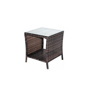 Outdoor Rattan Coffee Table with Storage Shelf, Wicker Side Table with Glass Top, Outdoor End Table for Garden, Porch