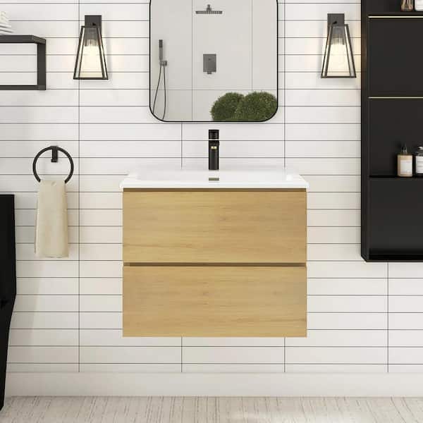 JimsMaison 24 in. W x 18 in. D x 21 in. H Single Sink Floating Bath Vanity in Natural Oak with White Ceramic Top