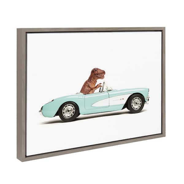 Kate and Laurel Sylvie T Rex Driving 1957 Aqua Chevy by Saint and Sailor Studios Gray Framed Art Print 18 in. x 24 in.