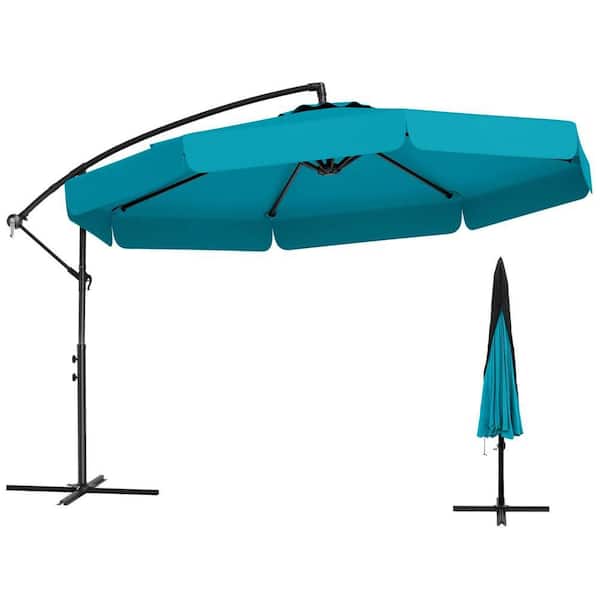Costway 10 ft. Iron Offset Hanging Umbrella Cantilever Tilt Patio Umbrella with Cover in Turquoise
