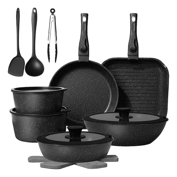 20-Piece Nonstick Ceramic Cookware Set Black Detachable Handle Oven Safe Induction Compatible Kitchen Set