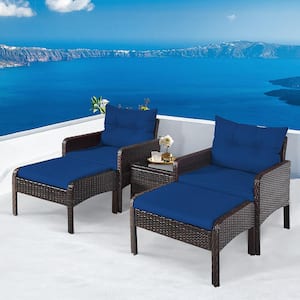5-Piece Wicker Outdoor Patio Set Sectional Rattan Wicker Furniture Set with Navy Cushion