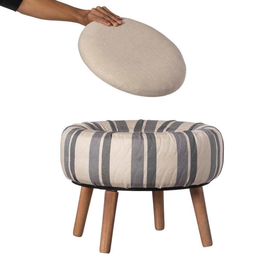 Chic Striped White and Blue Round Fabric Storage Ottoman