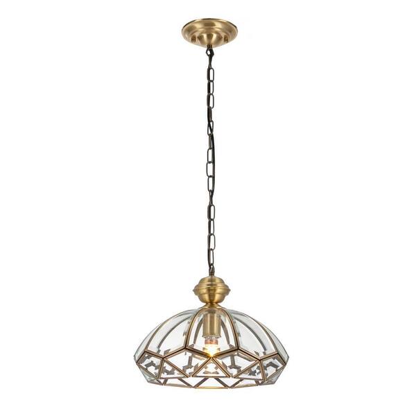1-Light Gold Modern Shaded Pendant Light with Clear Glass Shade and Adjustable Chain, No Bulbs Included
