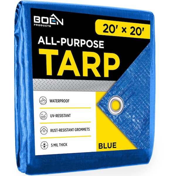 BOEN Heavy Duty Blue Poly Tarp Cover 20 ft. W x 20 ft. L Waterproof, Tarpaulin