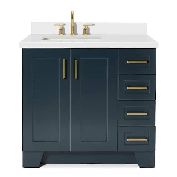 Taylor 37 in. W x 22 in. D x 36 in. H Freestanding Bath Vanity in Midnight Blue with Pure White Quartz Top