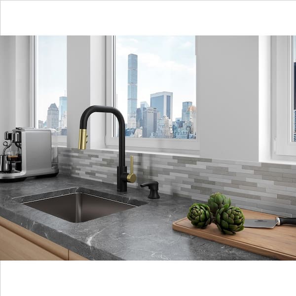 Zanna Single Handle Pull Down Sprayer Kitchen Faucet with Deckplate and Soap Dispenser in Matte Black/Brushed Gold