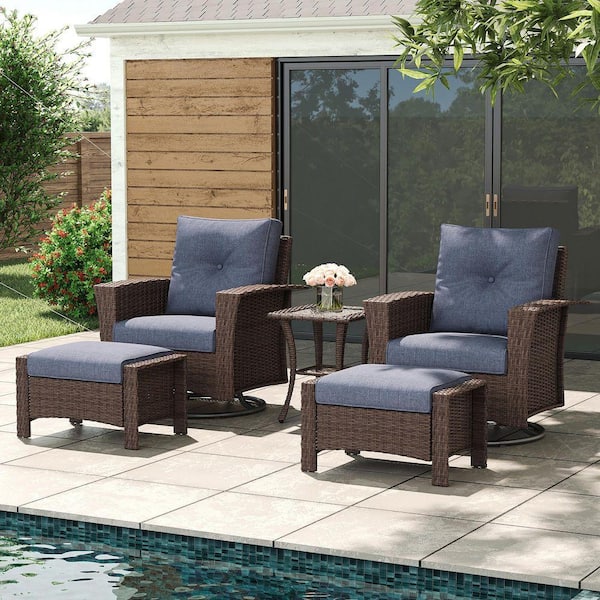5-Piece Wicker Outdoor Patio Conversation Seating Sofa Set with Navy Blue Cushions and Swivel Rocking Chairs