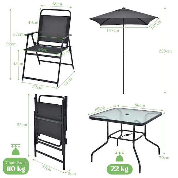6-Pieces Patio Metal Furniture Outdoor Dining Set Folding Chairs Glass  Table with Umbrella Deck Grey
