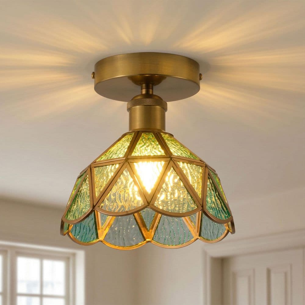 7.68 in. Vintage Lantern Brushed Brass Semi-Flush Mount with Blue Stained Glass Ceiling Light for Foyer price history on PriceWatchPro