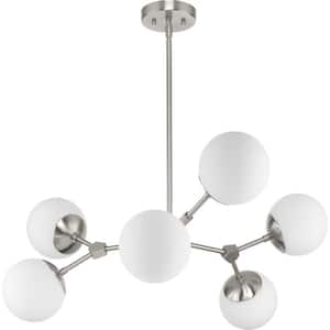 Haas 33-1/2 in. 6-Light Brushed Nickel Mid-Century Modern Chandelier with Opal Glass Shade