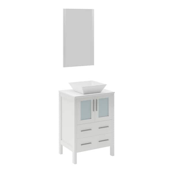 Fresca Torino 24 in. Vanity in White with Glass Stone Vanity Top in White with White Basin and Mirror (Faucet Not Included)