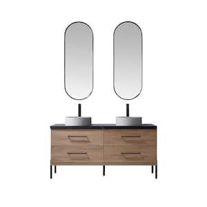 Trento 60 in. W x 21.7 in. D x 34.6 in. H Double Concrete(C) Sink Bath Vanity in Oak with Black Sintered Top and Mirror