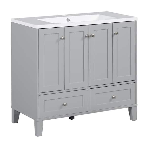 Zeus & Ruta 36 in. W x 18 in. D x 34 in. H Single Sink Bath Vanity in Gray with White Resin Top, 2 Drawers and 4 Doors