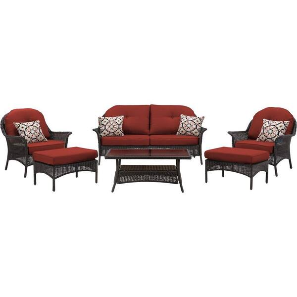 Hanover San Marino 6-Piece All-Weather Wicker Patio Seating Set with Crimson Red Cushions