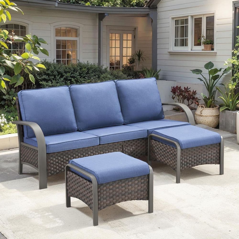 ArcMetal 3-Piece Brown Wicker Outdoor 3-Seat Sectional Couch Sofa with Navy Blue Cushions and Ottomans price history on PriceWatchPro