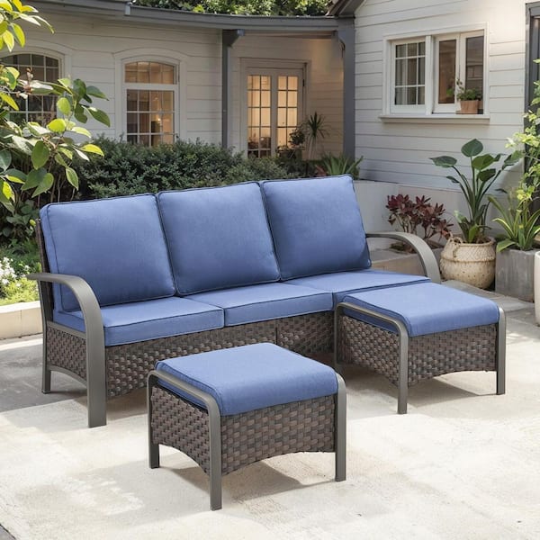 Opohoro ArcMetal 3-Piece Brown Wicker Outdoor 3-Seat Sectional Couch Sofa with Navy Blue Cushions and Ottomans