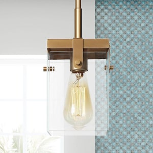Modern Gold Island Pendant Light, 1-Light Square Bell Pendant Light with Clear Glass Shade